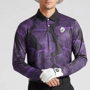Devereux Golf Shirt Mens Large Skull Logo Long Sleeve Polo Black Purple Wavy EUC